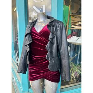 White House Black Market Black Genuine Leather Ruffle Jacket Size Small